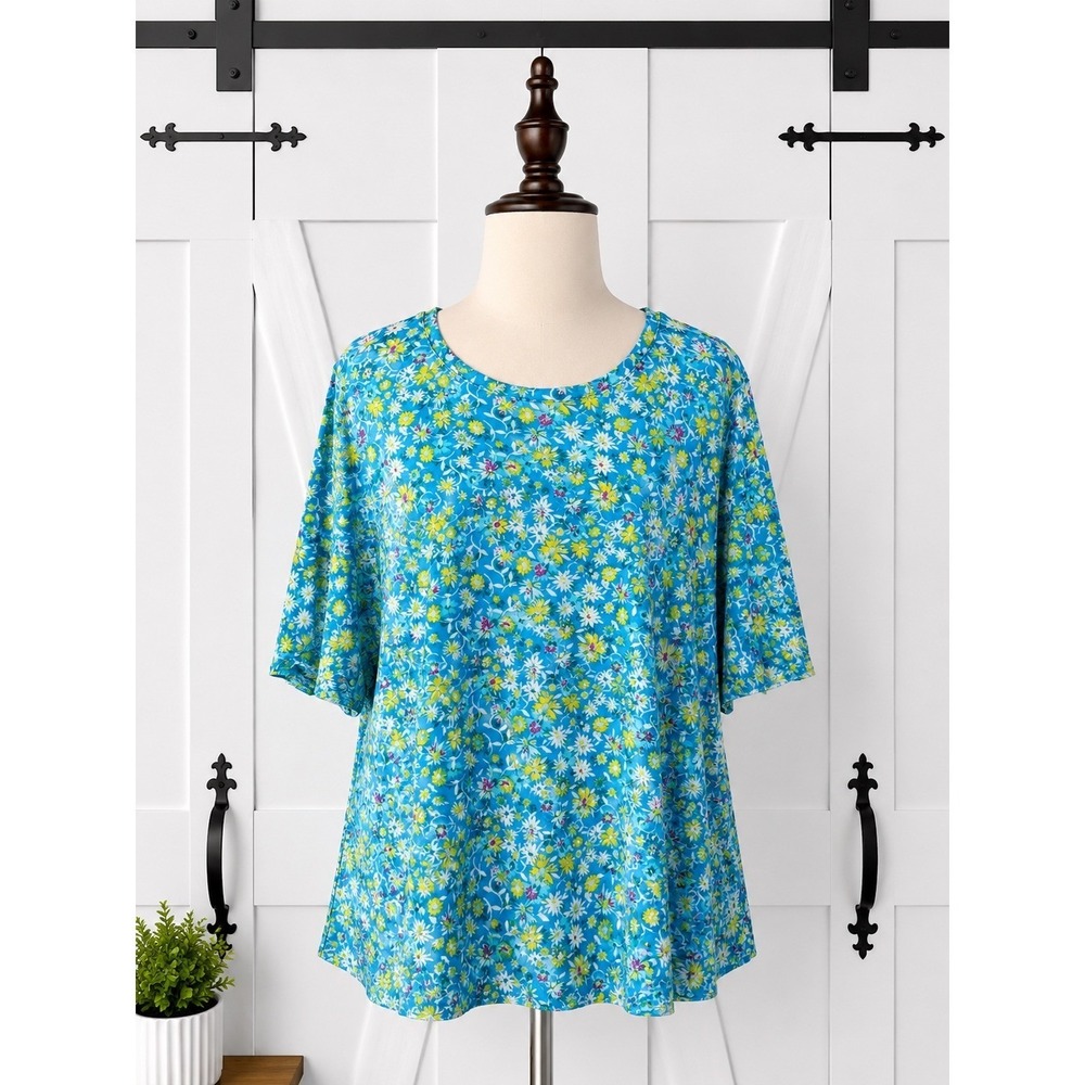 LOGO Layers Printed Sheer Mesh Elbow Sleeve Top Blue Floral Size‎ 3X Marigold